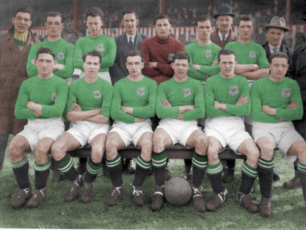 Wigan Borough team 1925/1926 Back row: Bob Scorer (reserve), Tom Helsby, Jack Moran, Peter Pursell (trainer), Billy Winter, Jimmy Barrington, a director, Arthur Welsby, a director Front row: Bert Humpish, Tom Fenner, George Yates, Billy Dickinson, Herbert Simpson, Jim Riddell Photograph colourised by me, George Chilvers